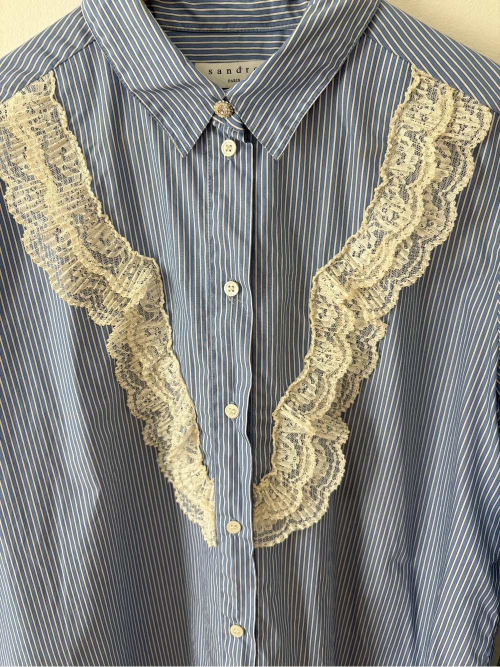 Sandro Paris Blue Striped Lace Ruffle Button Up Blouse Size 3 M/L French Classic - Picture 9 of 12